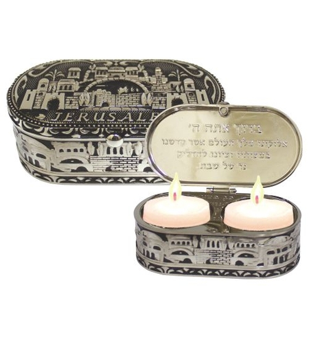 Nickel travel candlesticks in a box with a 