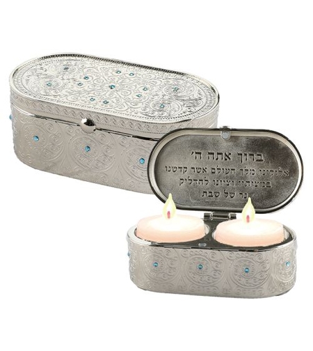 Nickel travel candlesticks in a box with a 