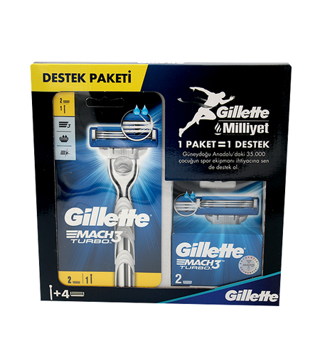 ידית + ארבעה סכינים ג'ילט מאך 3 טורבו לגילוח עדין לגבר