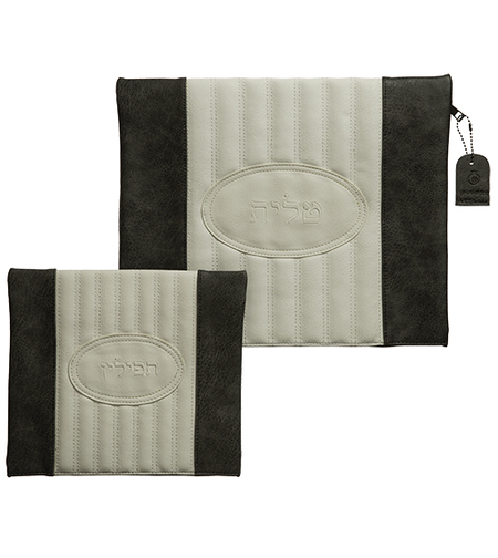 סט טלית תפילין דמוי עור אפור כהה ולבן עם ריקמה 36*29 ס