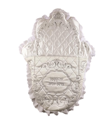 Elegant pillow for a satin alliance in the shape of a hamsa with a dent around it, thick embroidery 