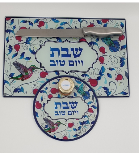 מגש חלה מזכוכית עבה +תחתית לסיר+ סכין. ומתנה