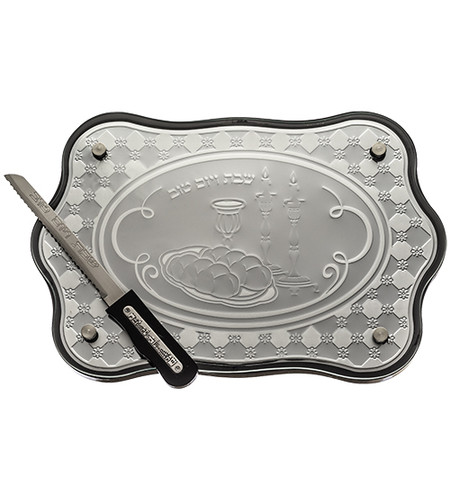 מגש חלה מהודר מעץ מהגוני עם פלקטה כסף וזכוכית 