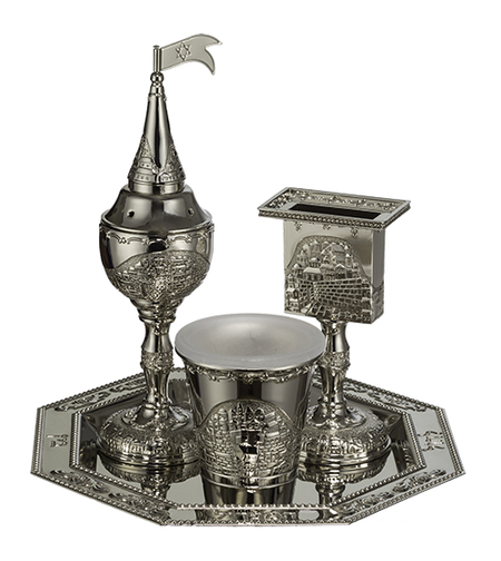 סט הבדלה מהודר 4 חלקים בגימור ניקל בעיטור ירושלים 23 ס