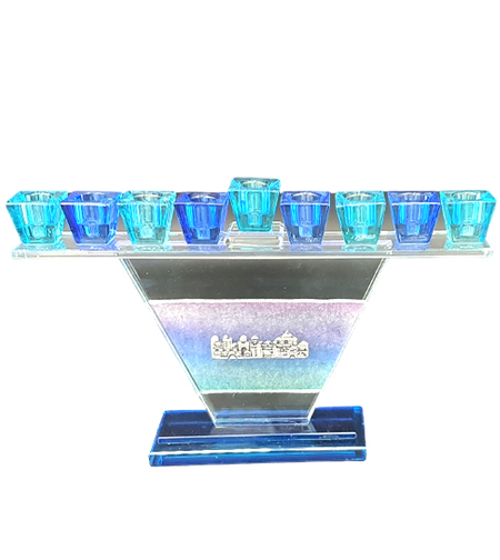 חנוכית קריסטל טרפז כחול תכלת ע.יד ירושלים 30X17 CM