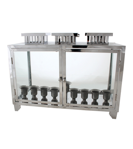 בית חנוכייה מהודר ממתכת וזכוכית עם בתי נר - פרופילים בגוון ניקל 51X40X20 ס