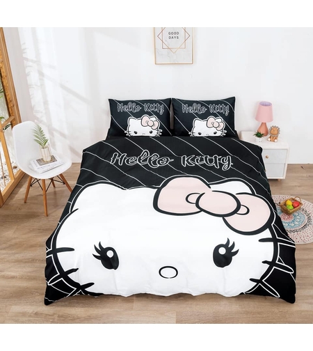 מצעי הלו קיטי שחור  לבן 180/200