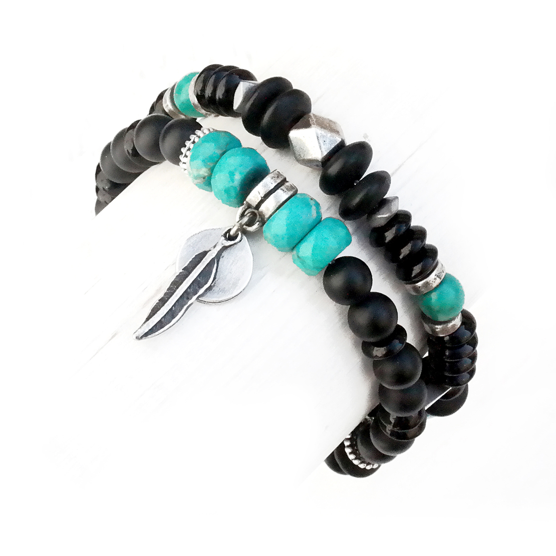 צמיד מיני בוהו - שחור, טורקיז, כסף