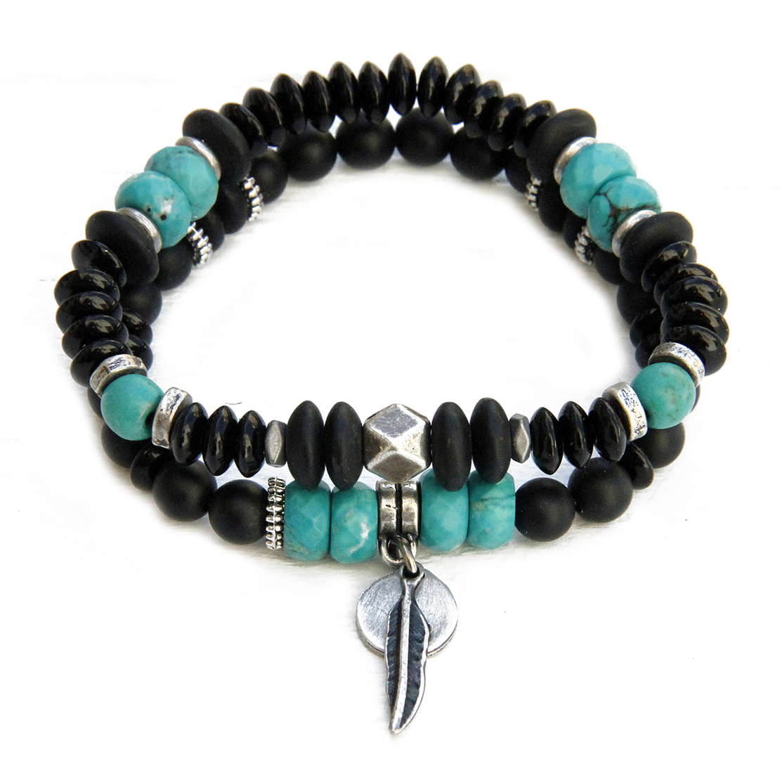 צמיד מיני בוהו - שחור, טורקיז, כסף