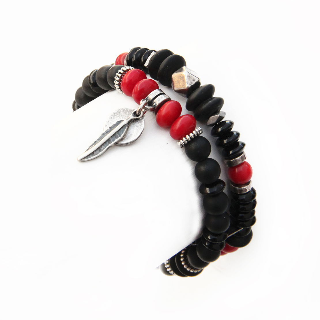 צמיד מיני בוהו גברים -  שחור, אדום, כסוף