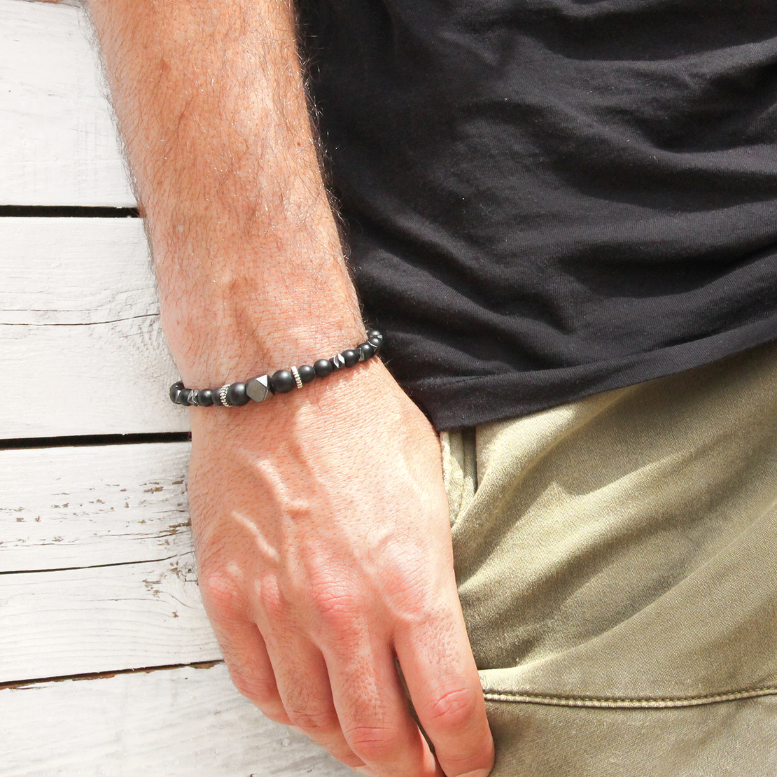 צמיד אוניקס גברים -  שחור, כסף 