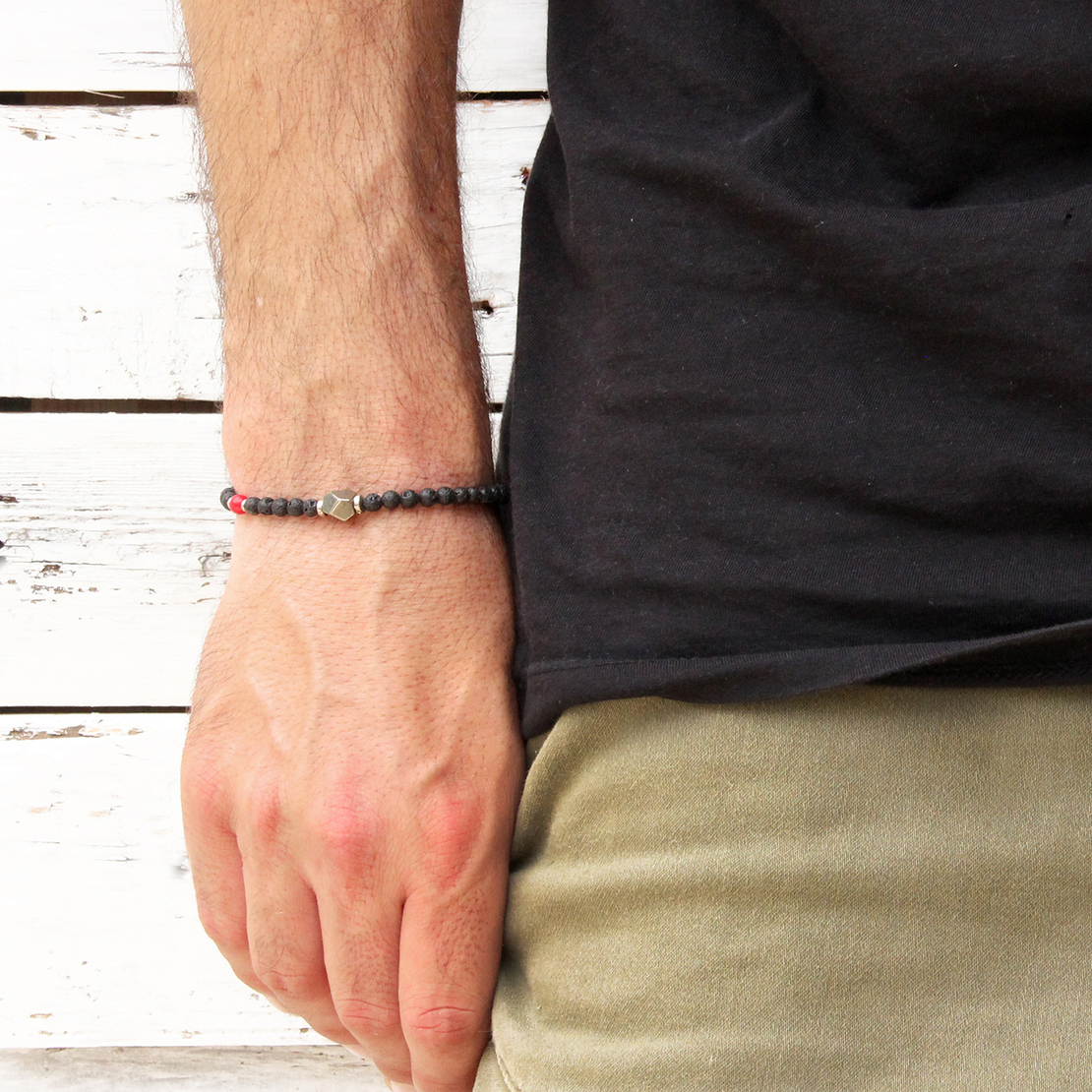 צמיד לני גברים -  שחור, אדום, כסף 925