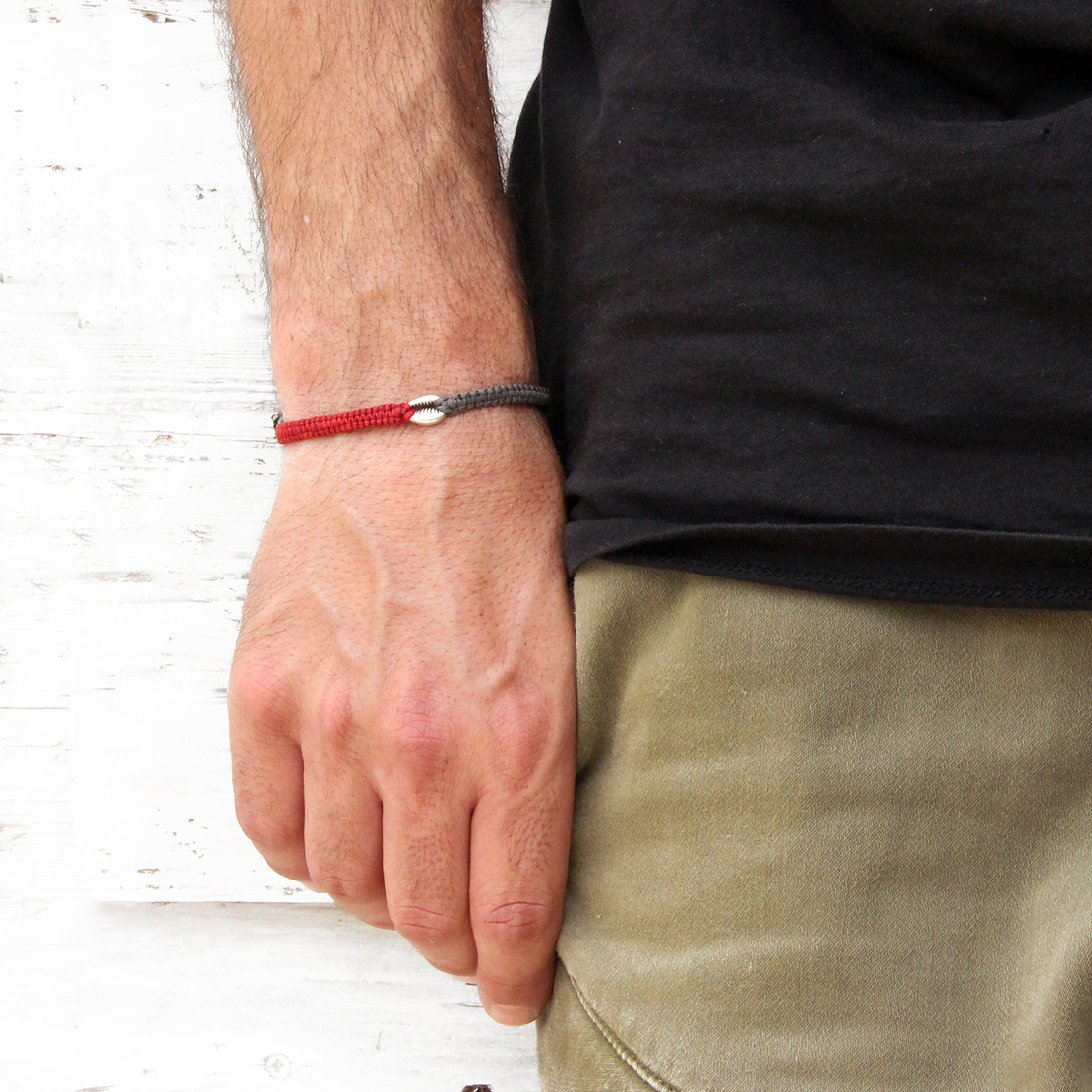 צמיד קרושה קונכייה גברים - אדום, אפור, כסף 925