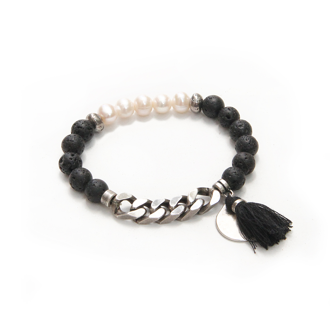 צמיד גורמט אבנים - שחור, כסף, פנינה