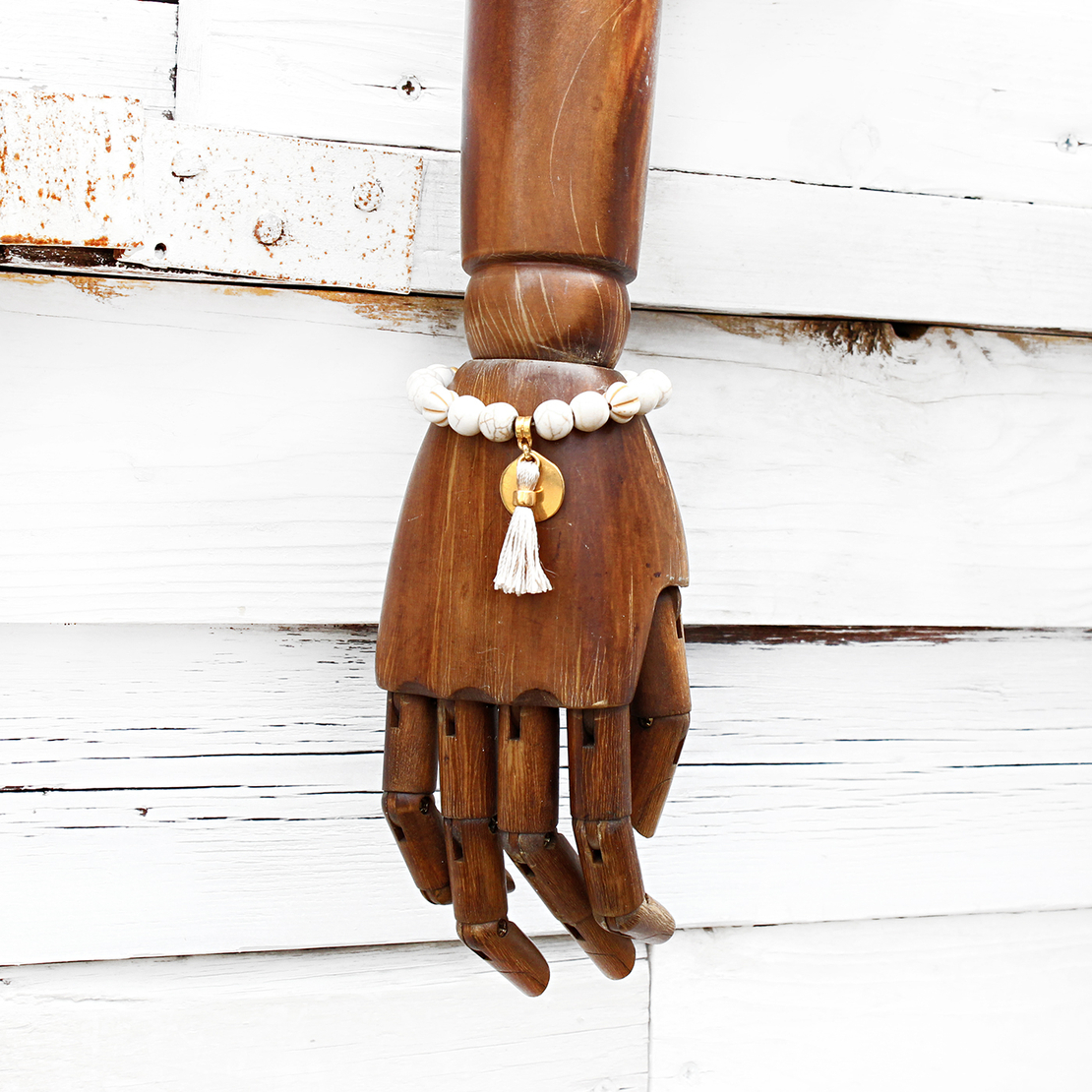 צמיד גדיל אבנים - שמנת, זהב