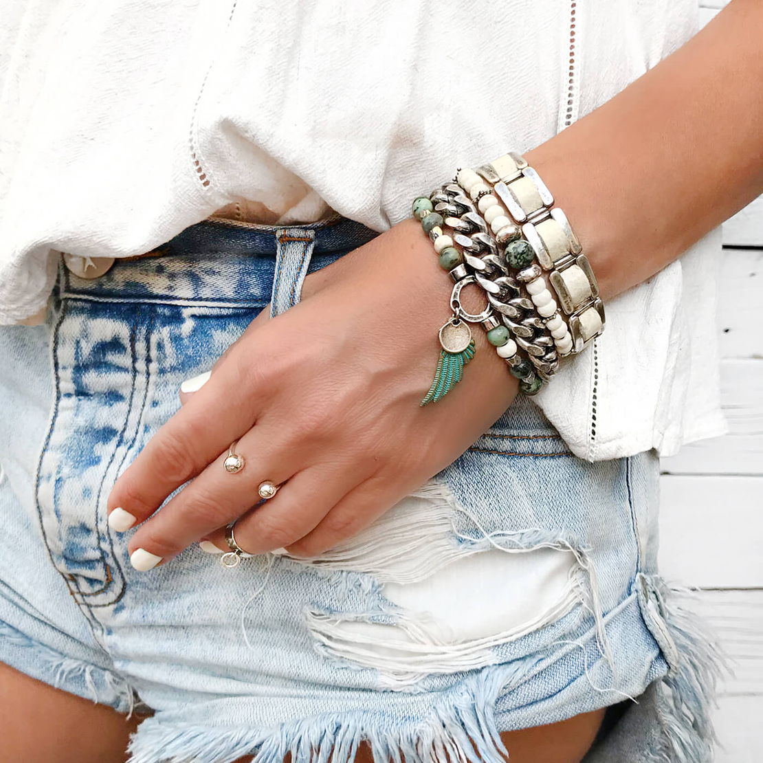 צמיד מיקה - טורקיז, לבן, כסף 