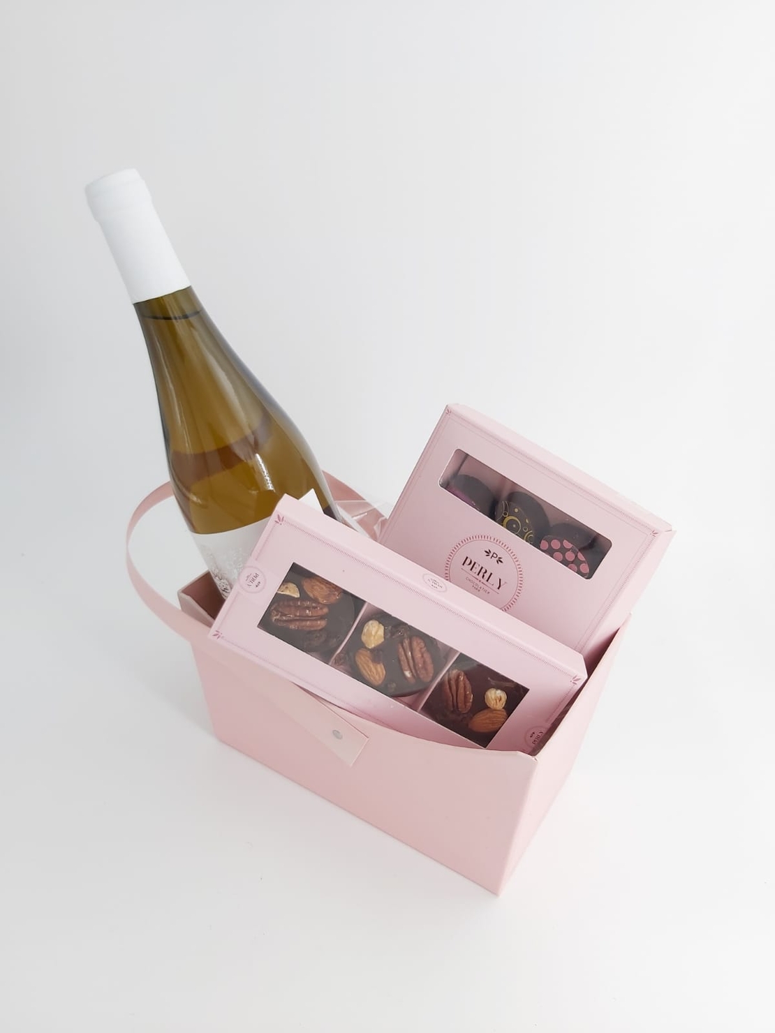 French chocolate box with white wine