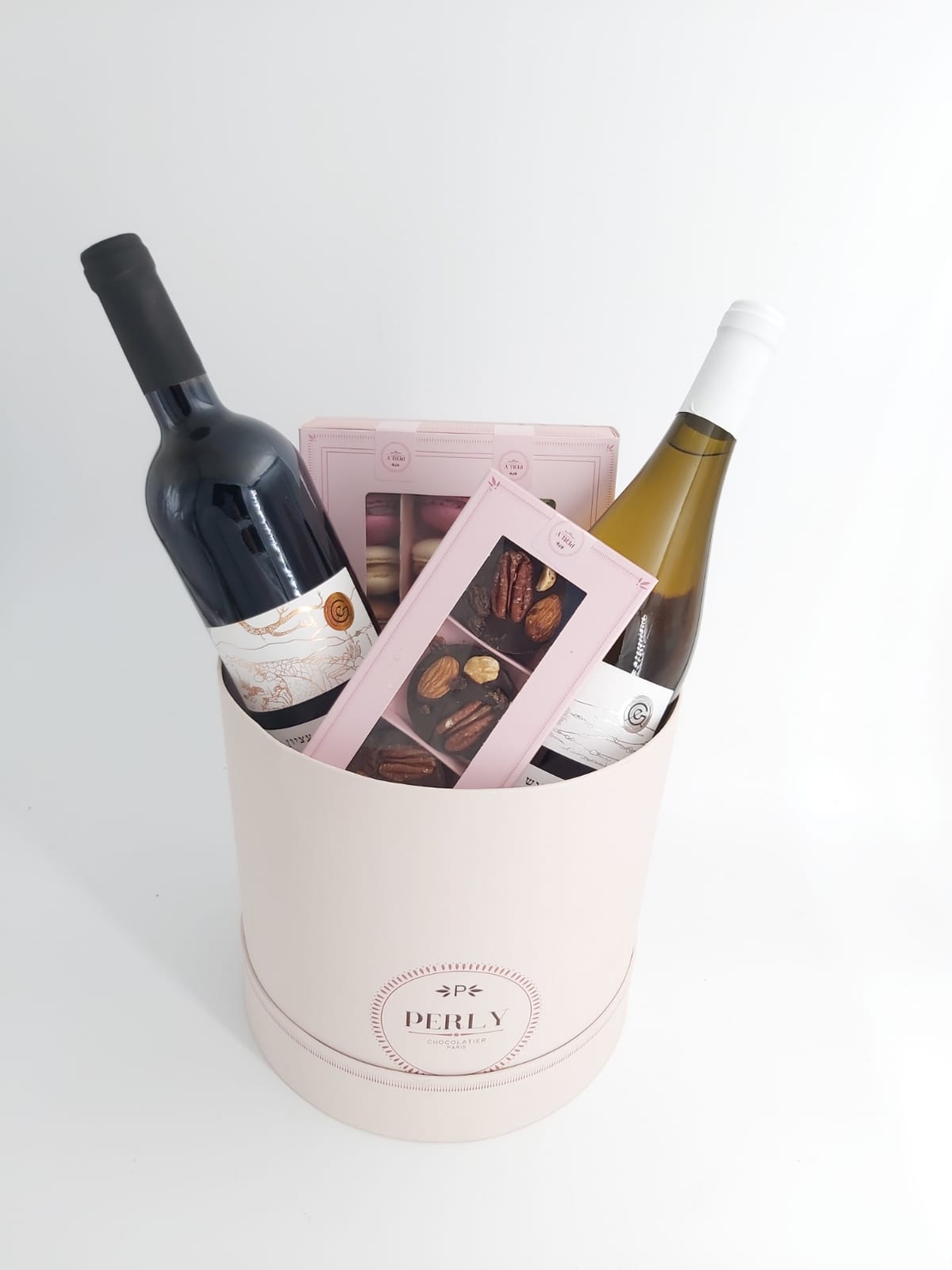 French chocolate box with white and red wine