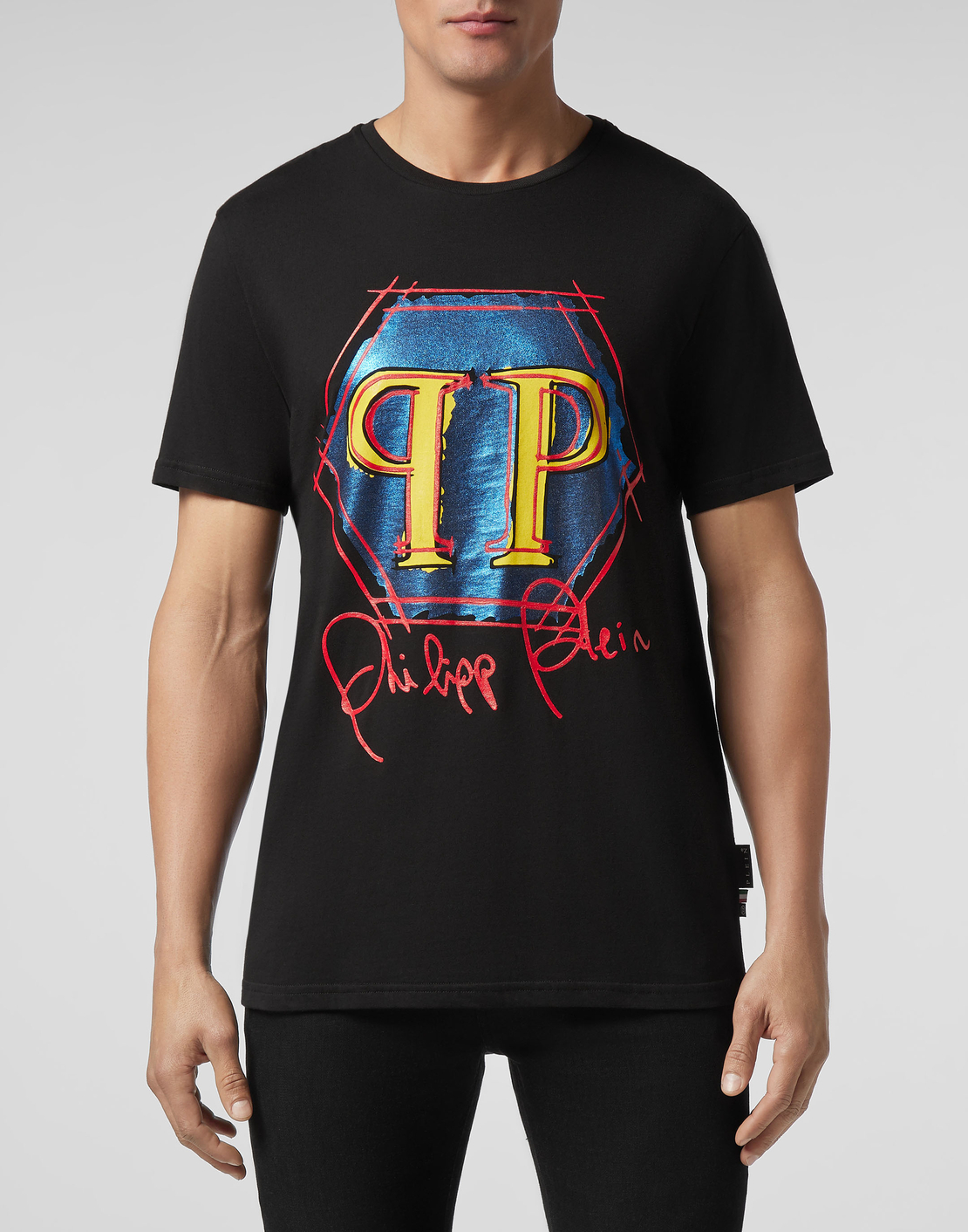 PHILIPP PLEIN - T-shirt Platinum Cut Round Neck Hexagon - BLACK\BLUE