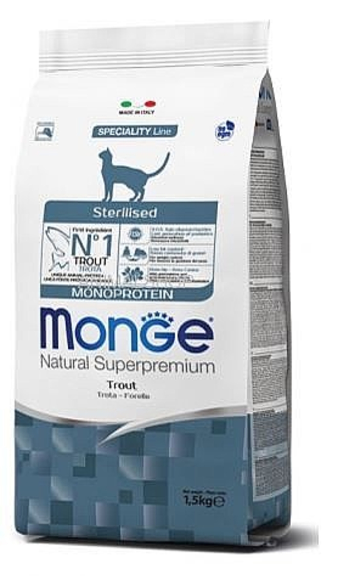 מונג' מונו סטרילייזד דג פורל לחתולים מסורסים ורגישים 1.5 ק