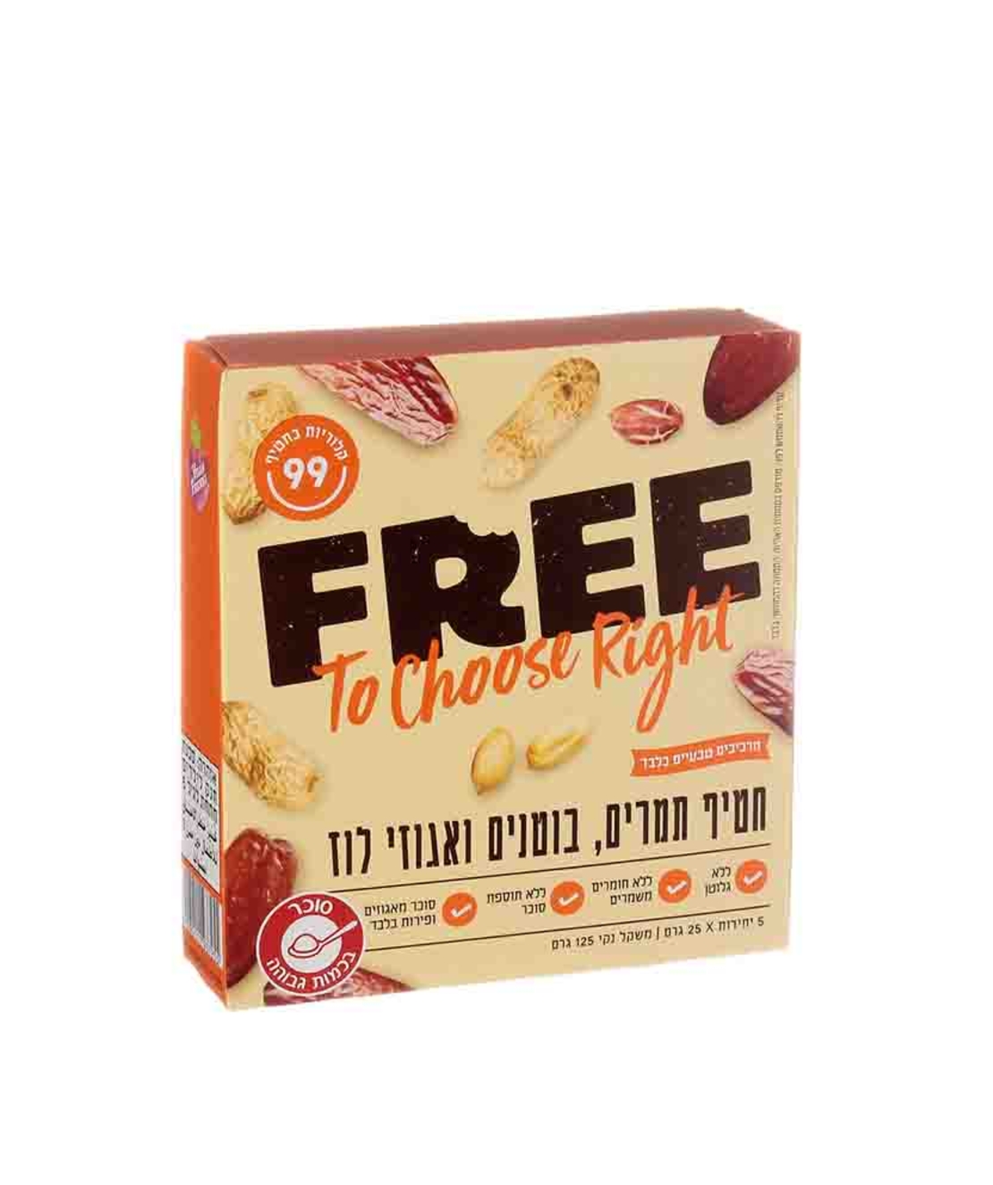 FREE פרי חטיף תמרים, בוטנים ואגוזי לוז - 5 יח' 25x גרם - כשל'פ