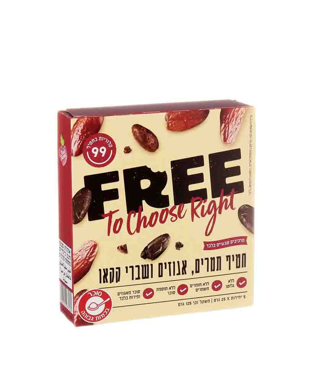 FREE פרי חטיף תמרים, אגוזים ושברי קקאו - 5 יח' 25x גרם - כשל'פ