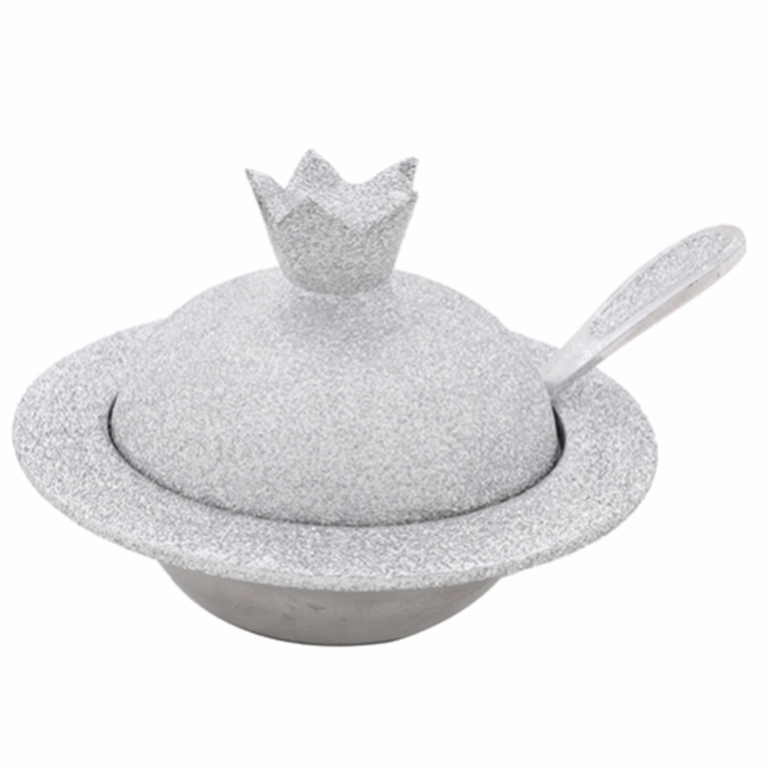 כלי מהודר לדבש עם כפית בצורת רימון מאלומיניום בציפוי נצנצים בגוון כסף 9X12X8 ס