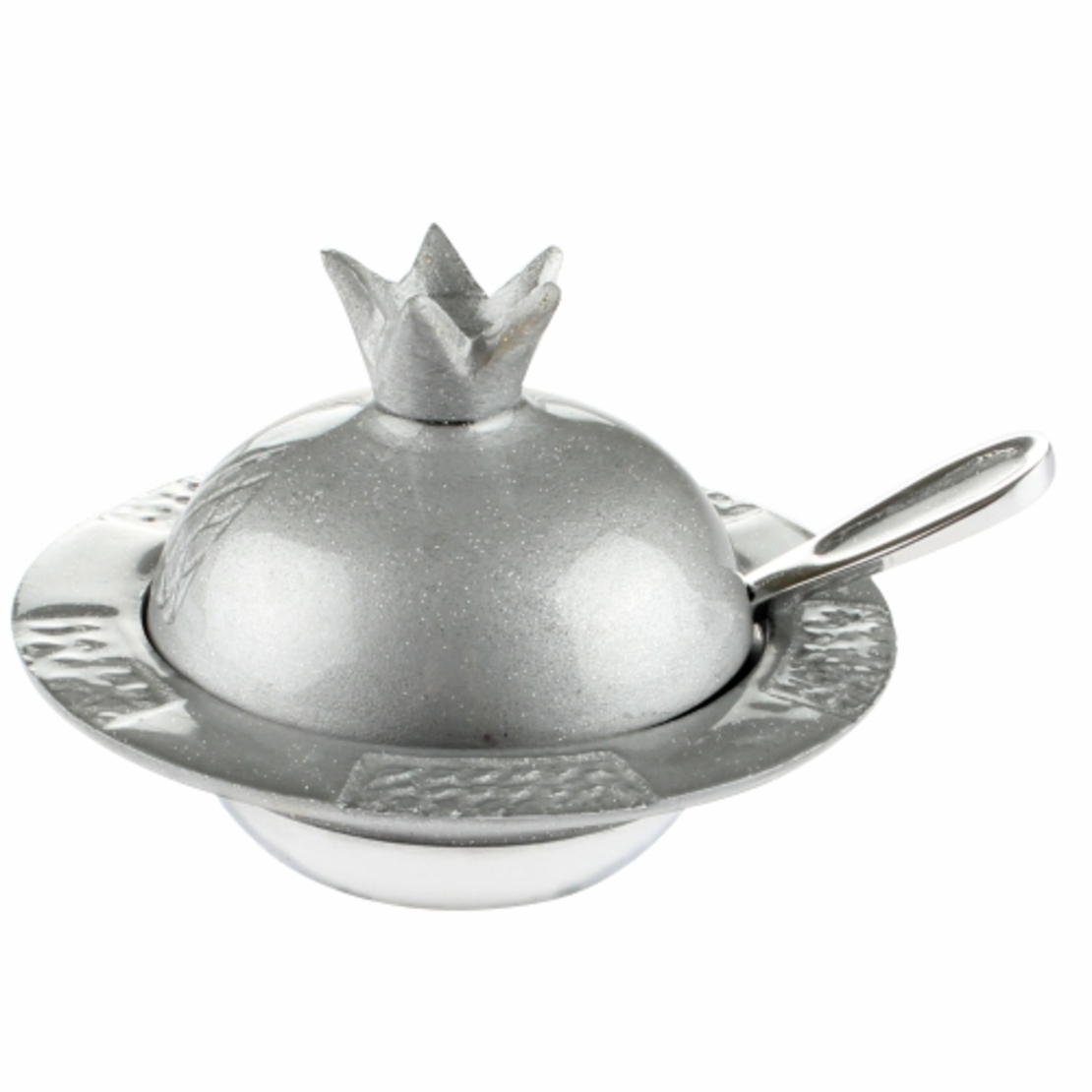 כלי מהודר לדבש עם כפית מאלומיניום בצורת רימון אמייל כסף עם נצנצים 8x12 ס