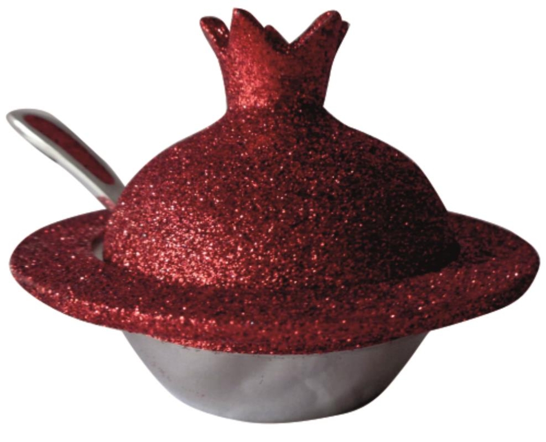 כלי מהודר לדבש עם כפית בצורת רימון מאלומיניום בציפוי נצנצים בגוון בורדו 9X12X8 ס