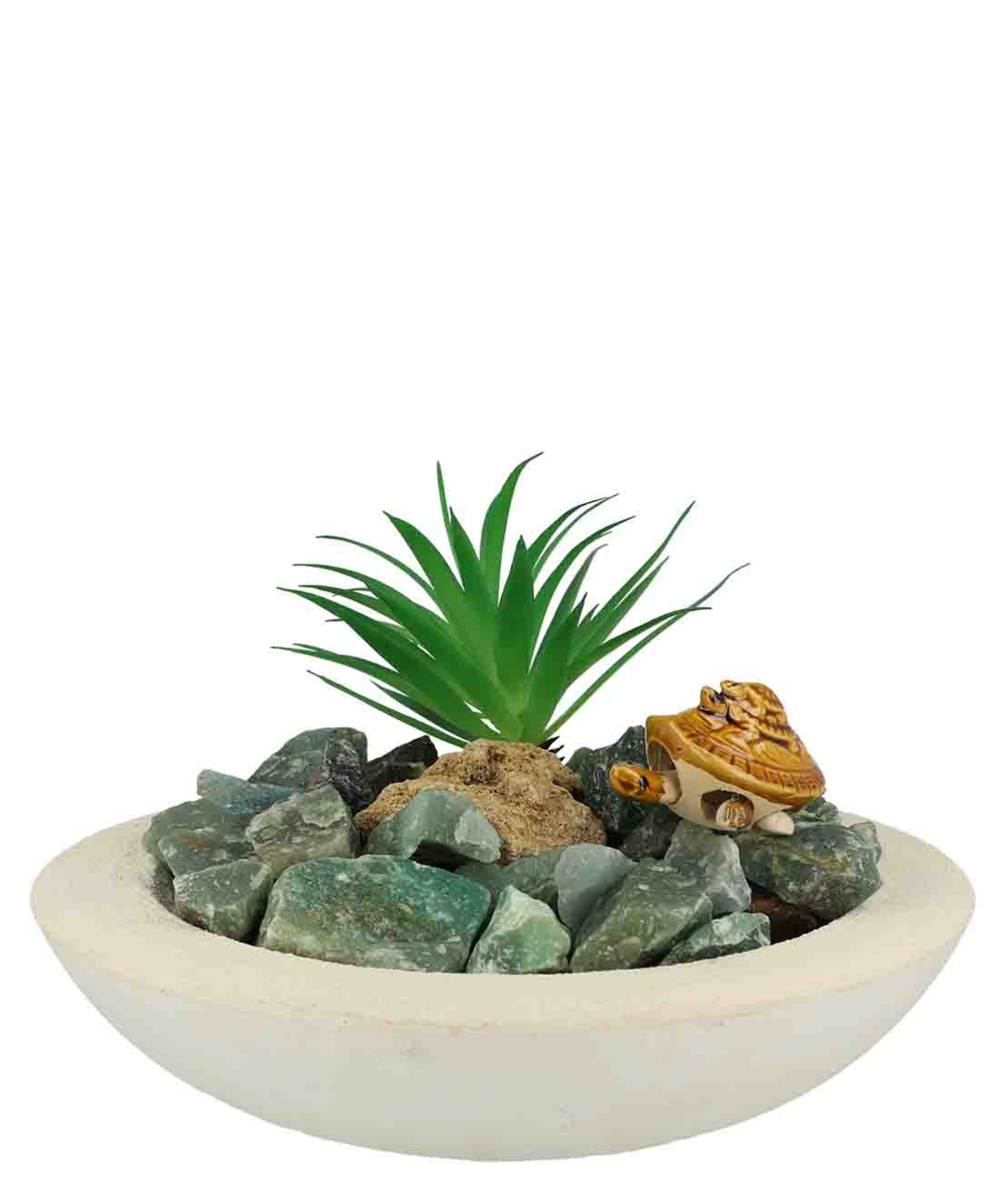 מזרקה עם אוונטורין ירוק גולמי בקערה עגולה לבנה