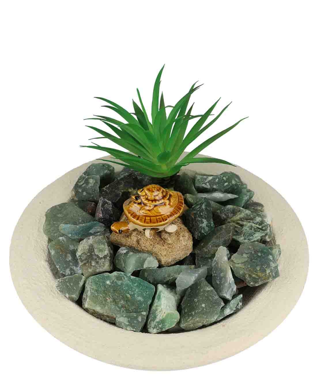 מזרקה עם אוונטורין ירוק גולמי בקערה עגולה לבנה