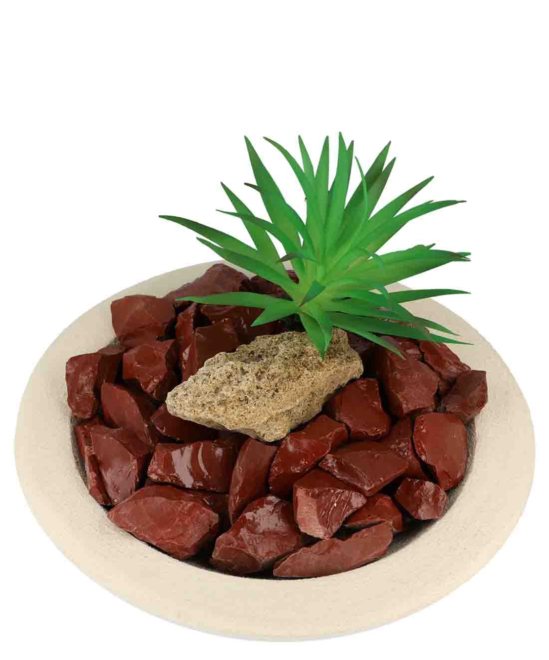 מזרקה עם ג'אספר אדום גולמי בקערה עגולה לבנה