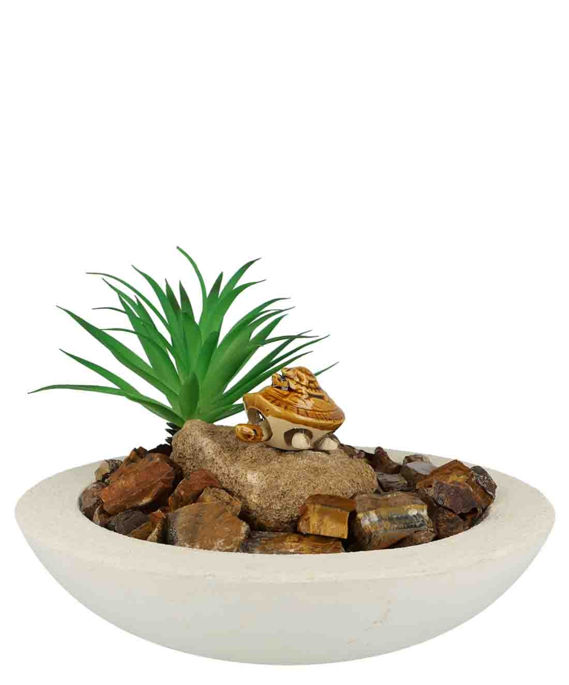 מזרקה עם עין הנמר גולמי בקערה עגולה לבנה