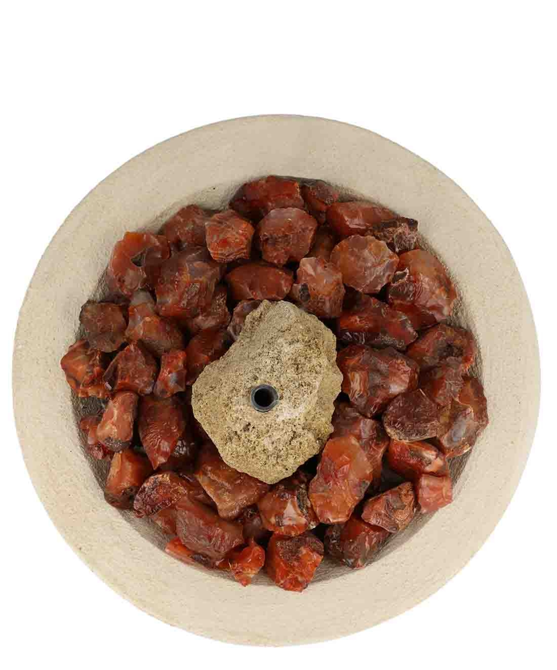 מזרקה עם קרנליאן גולמי בקערה עגולה לבנה