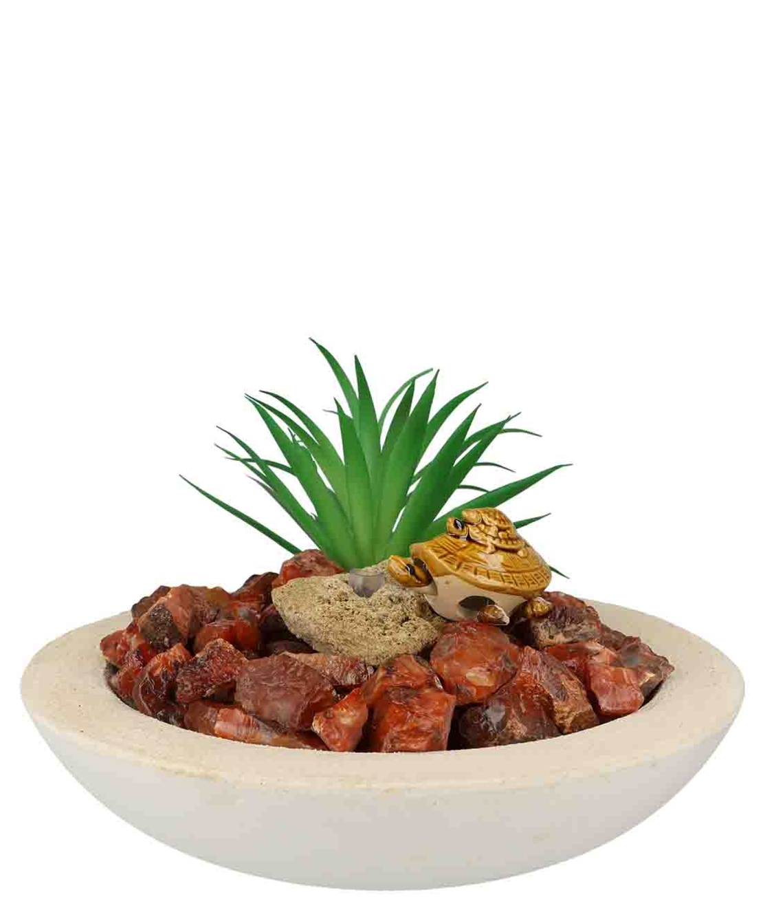 מזרקה עם קרנליאן גולמי בקערה עגולה לבנה