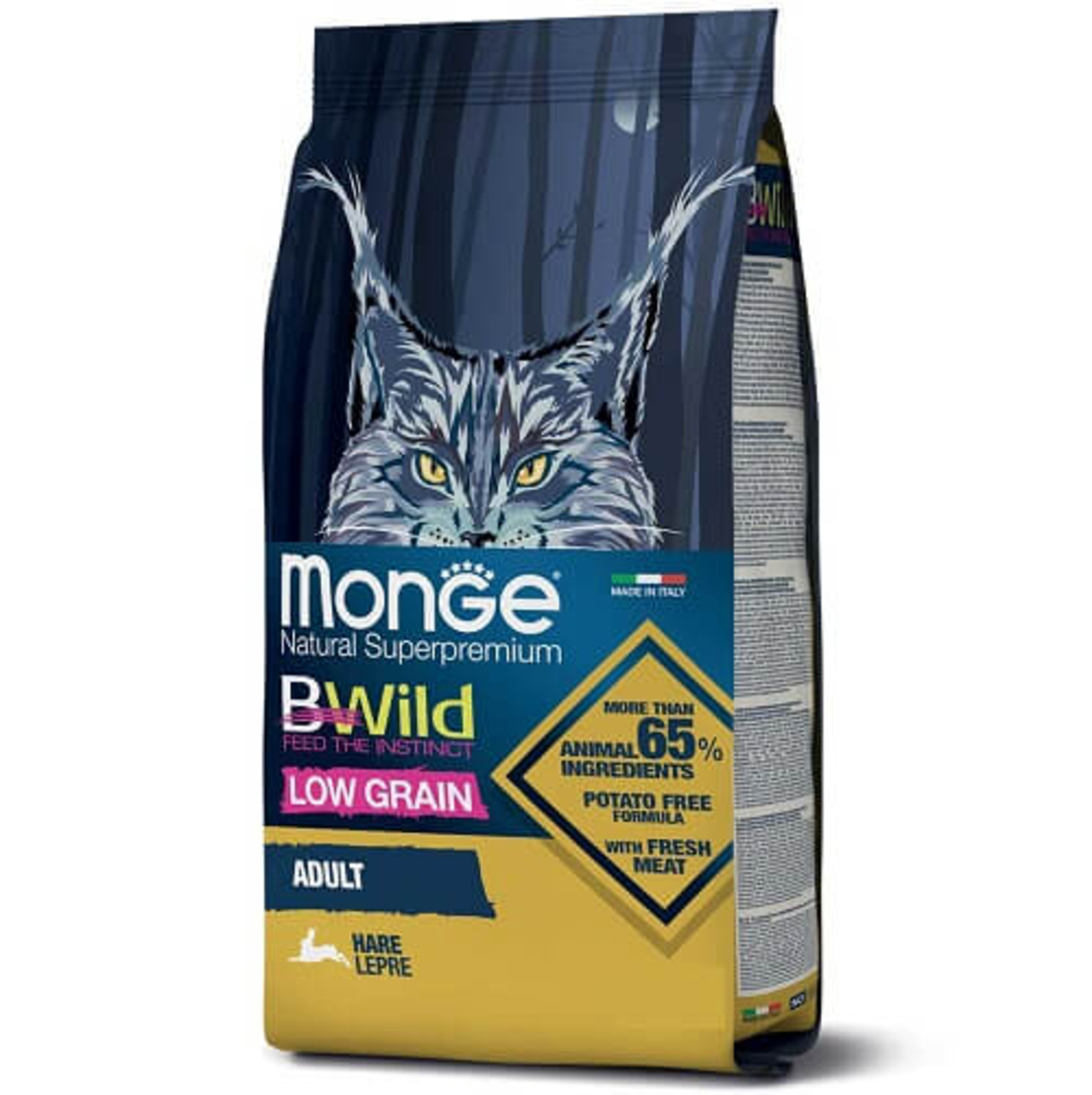 Monge BWild מונג' ביווילד מזון יבש לחתול בוגר על בסיס ארנבת מופחת דגנים 1.5 ק