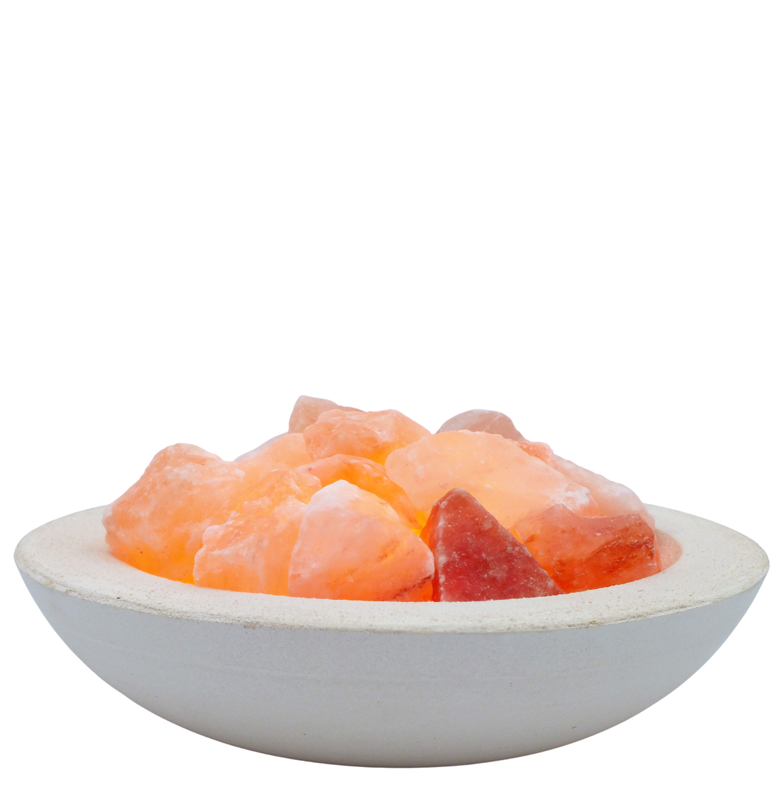 מנורת גבישי מלח הימלאיה בקערת חרס עגולה לבנה