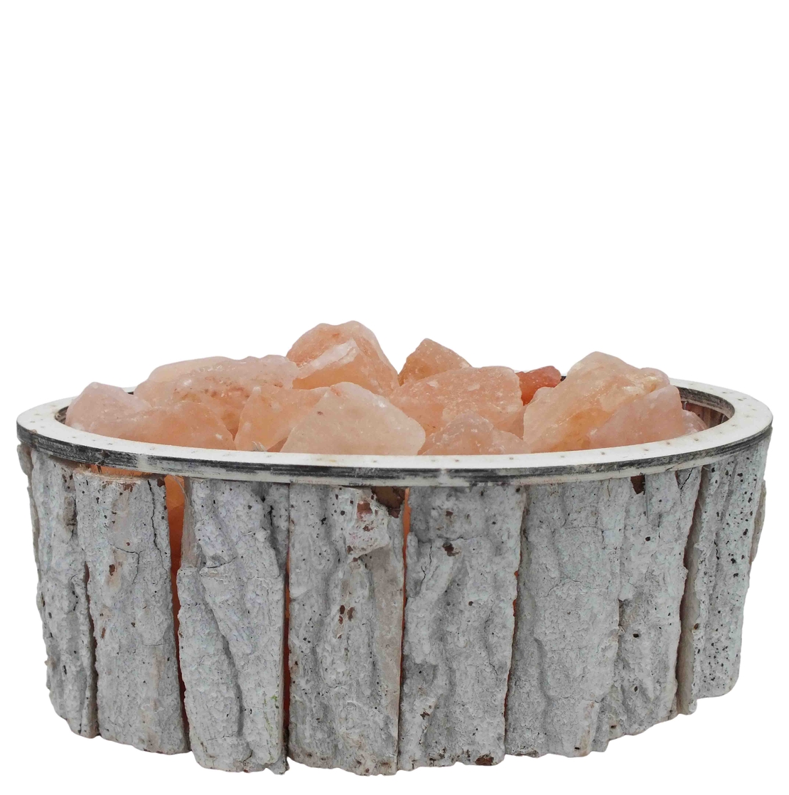 מנורת גבישי מלח הימלאיה בקערה אובאלית מכפיסי עץ בצבע לבן