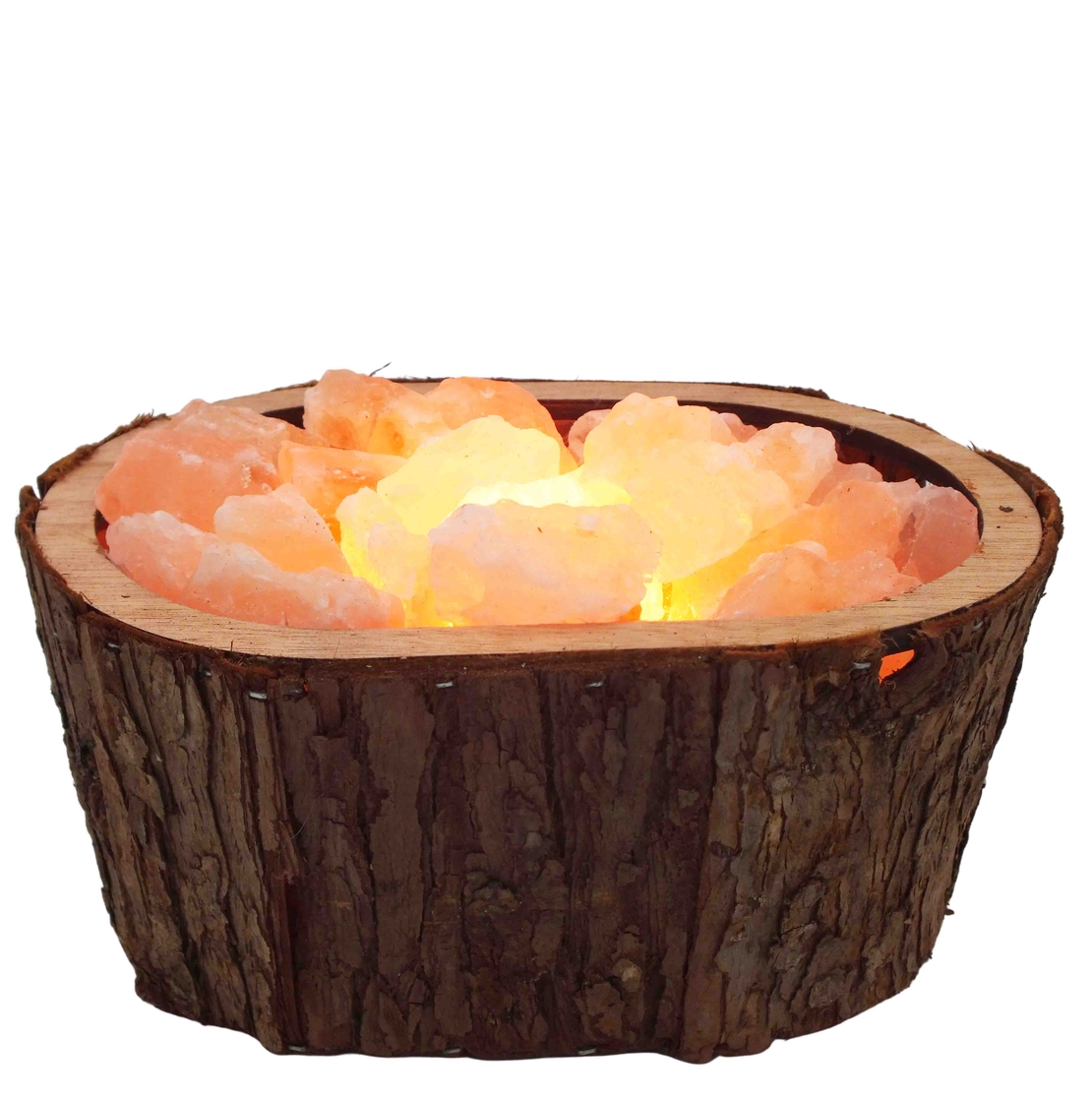 מנורת גבישי מלח הימלאיה בקערה אובאלית מכפיסי עץ בצבע חום