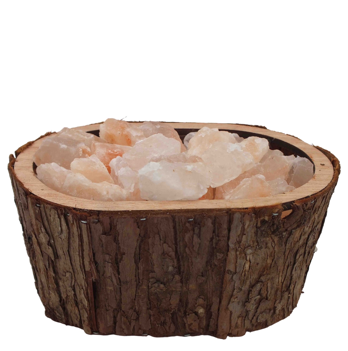 מנורת גבישי מלח הימלאיה בקערה אובאלית מכפיסי עץ בצבע חום