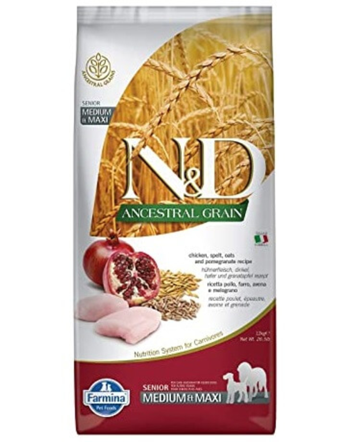 FARMINA N&D ANCESTRAL GRAIN נטורל אנד דלישס סניור מדיום עוף ודגנים 12 ק