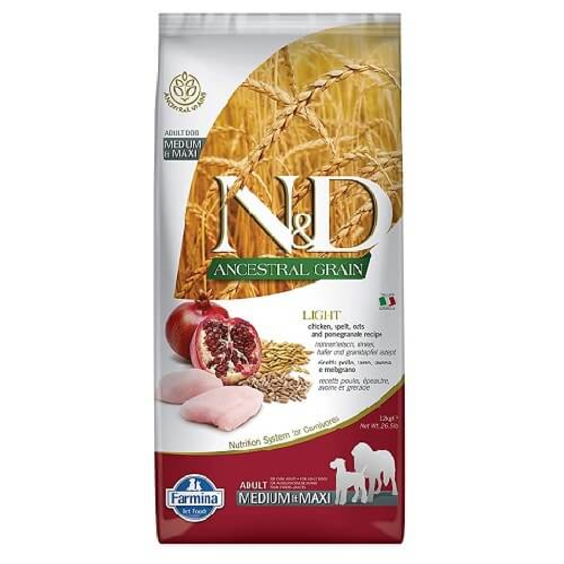 FARMINA N&D ANCESTRAL GRAIN נטורל אנד דלישס לייט מדיום עוף ודגנים 12 ק