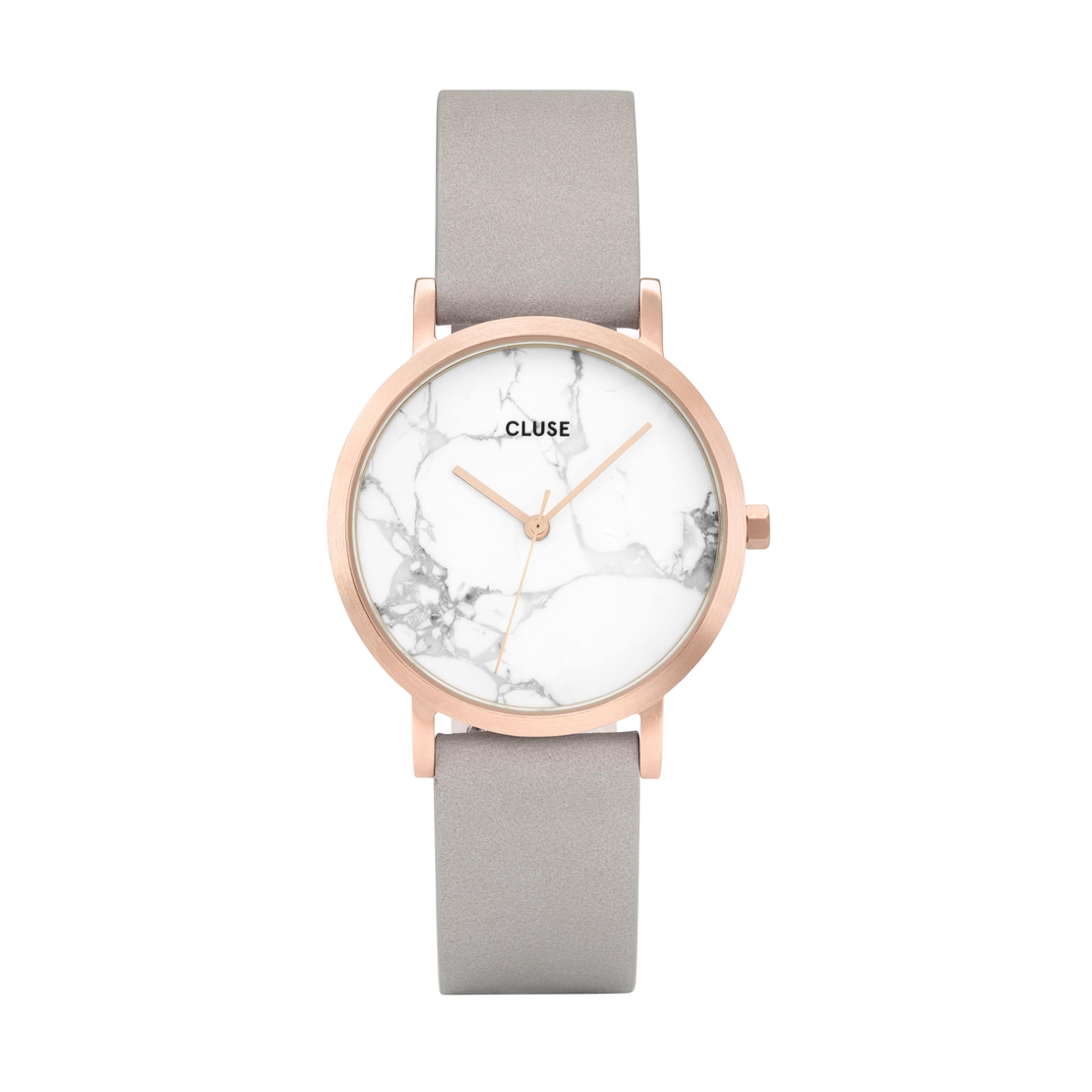 Rose golden stainless steel case, grey leather strap, Japanese quartz