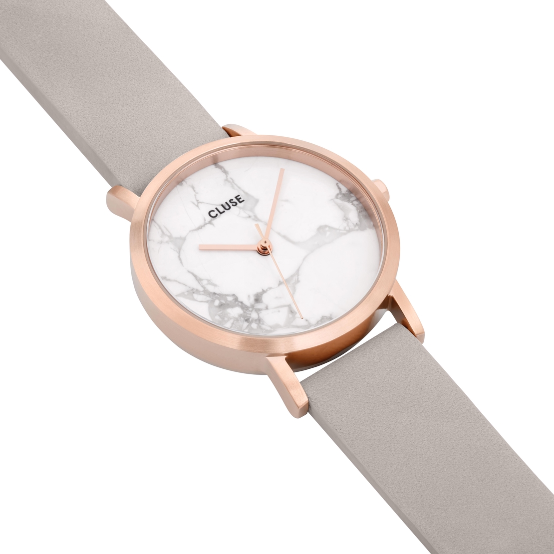 Rose golden stainless steel case, grey leather strap, Japanese quartz