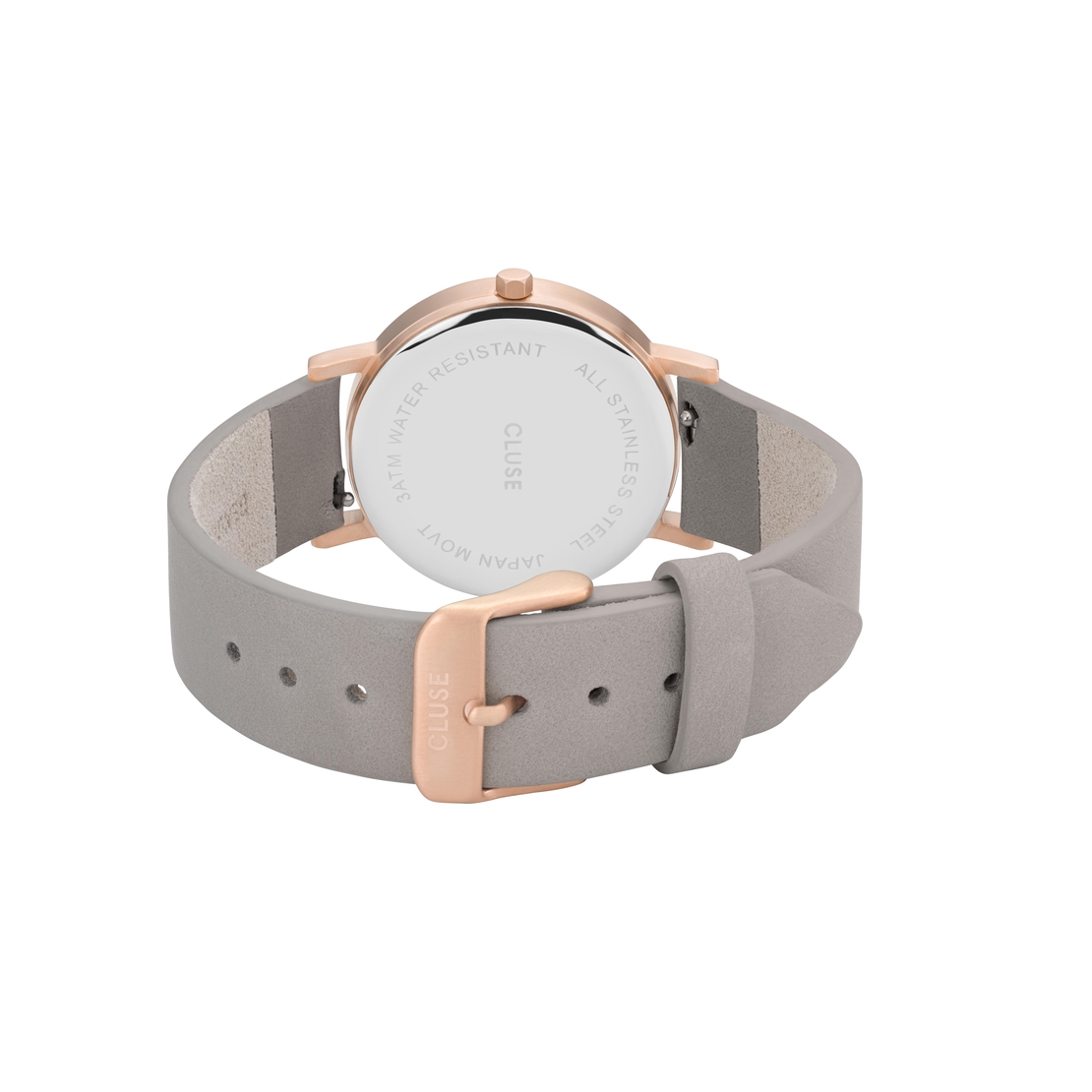 Rose golden stainless steel case, grey leather strap, Japanese quartz