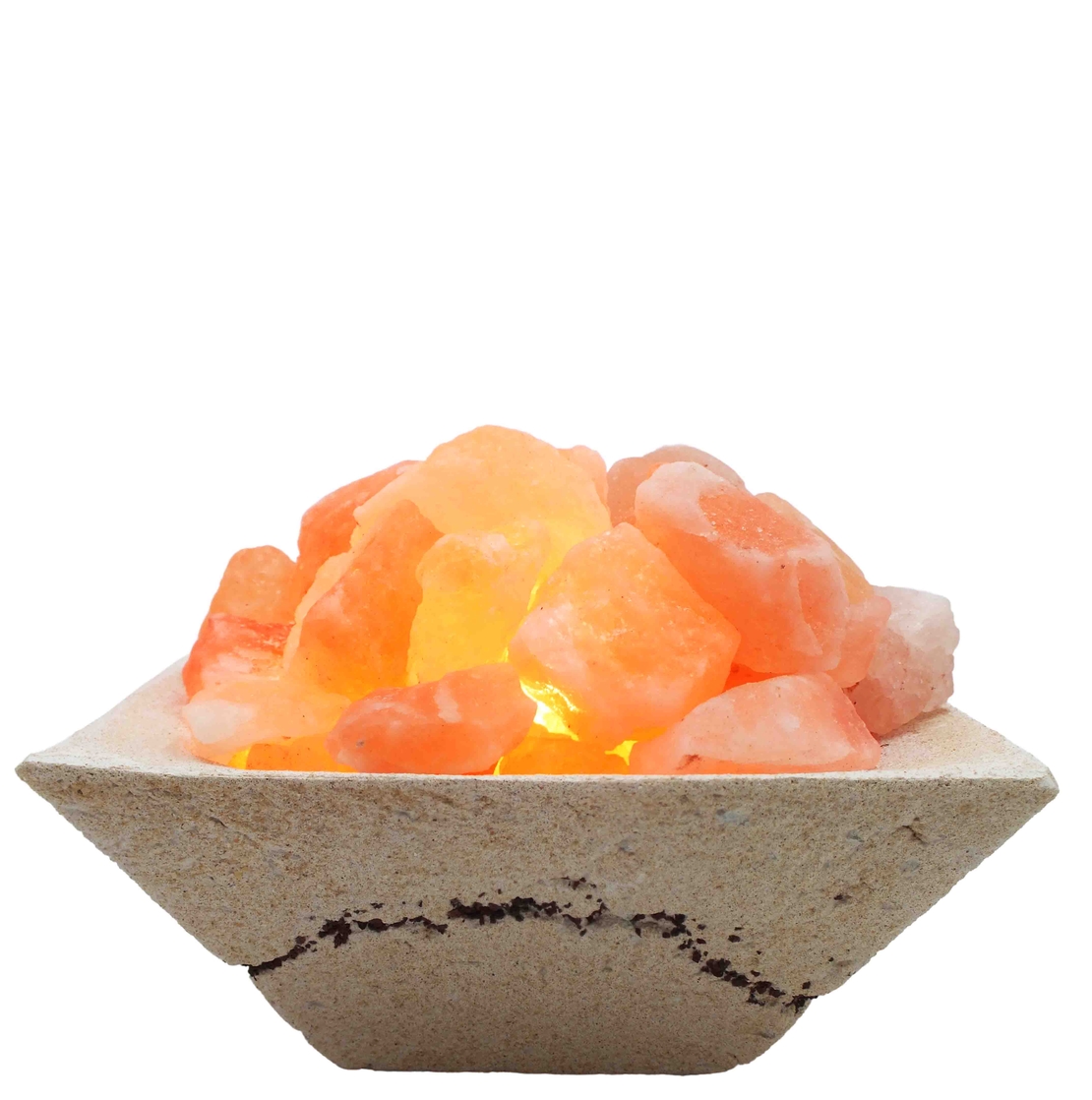 מנורת גבישי מלח הימלאיה בקערת חרס מרובעת בגימור אבן טבעית 