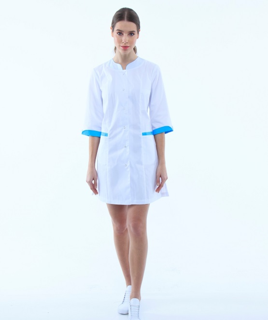 שמלת מדים מעוצבת צבע לבן עם פס כחול 131