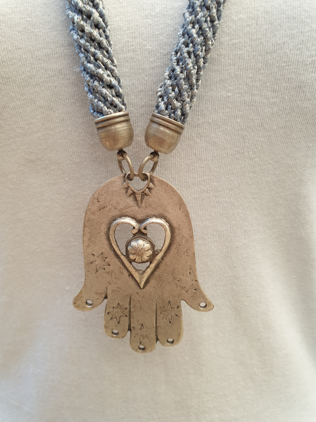 Grey & Silver Hamsha Pendant Necklace - Hava