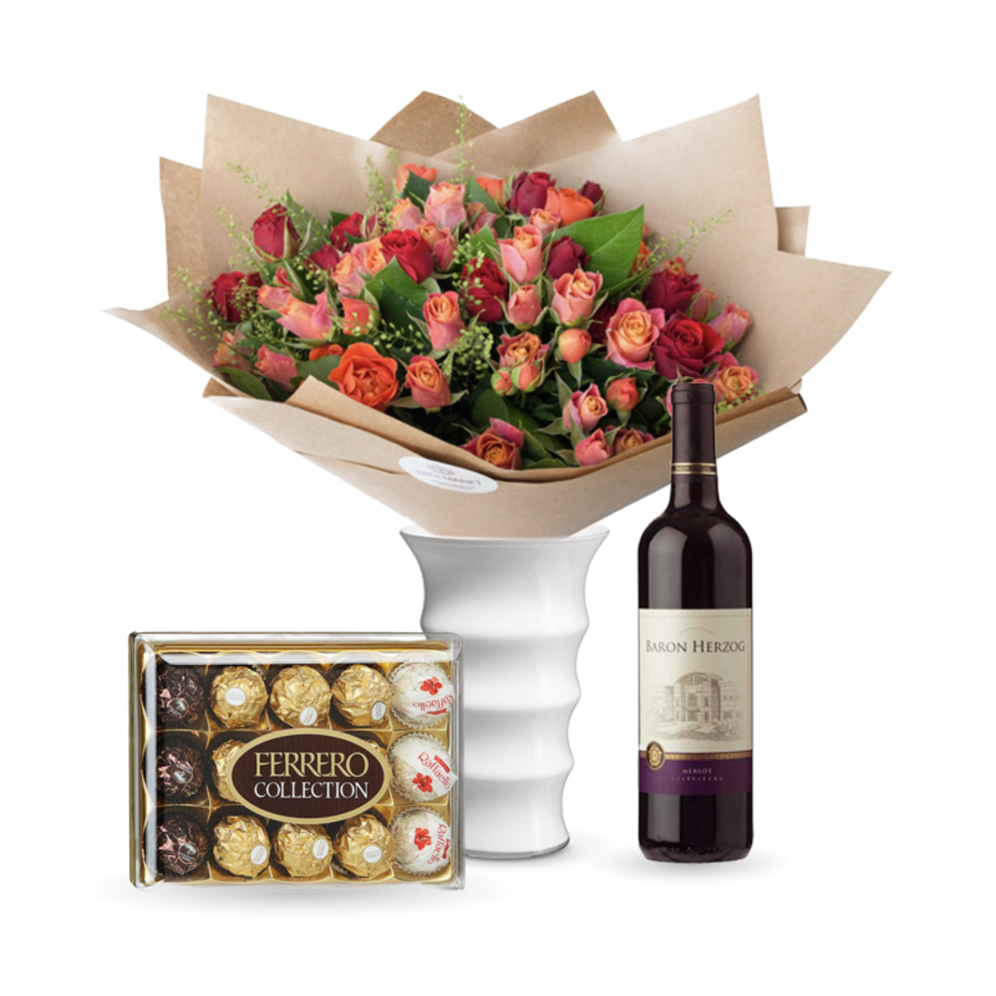 זר פרחים רכות וחן + פררה + יין (Victoria)