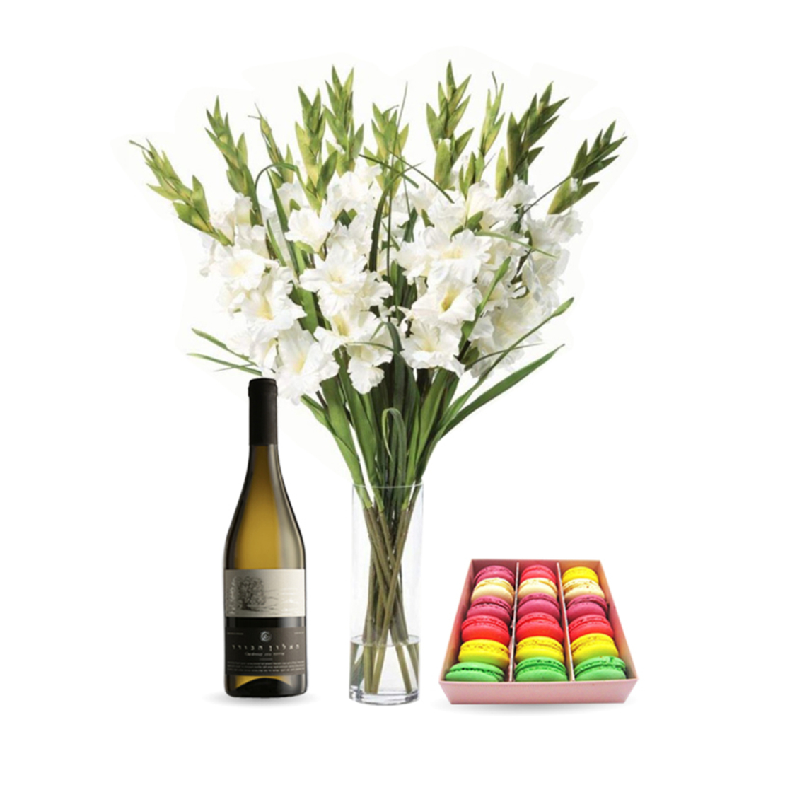 זר פרחים לבביות + מקרונים + יין (Edith)